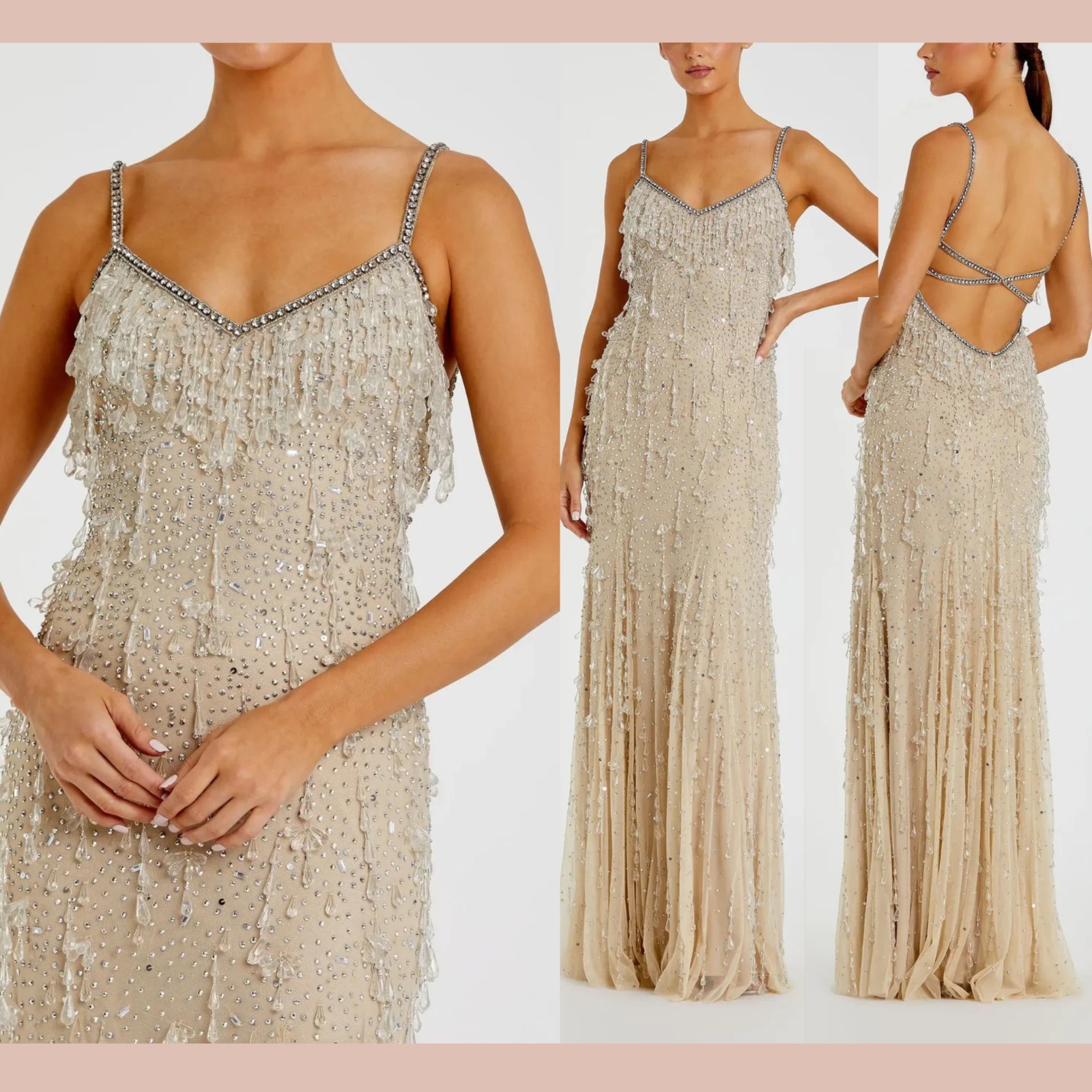 Nwt Mac Duggal [ 4 ] 10101 V-Neck Column Gown With Fringe Embellishments J2284